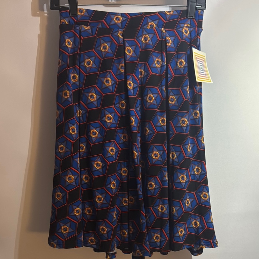 LuLaRoe A-Line Skirt with Blue and Orange Geometric Design